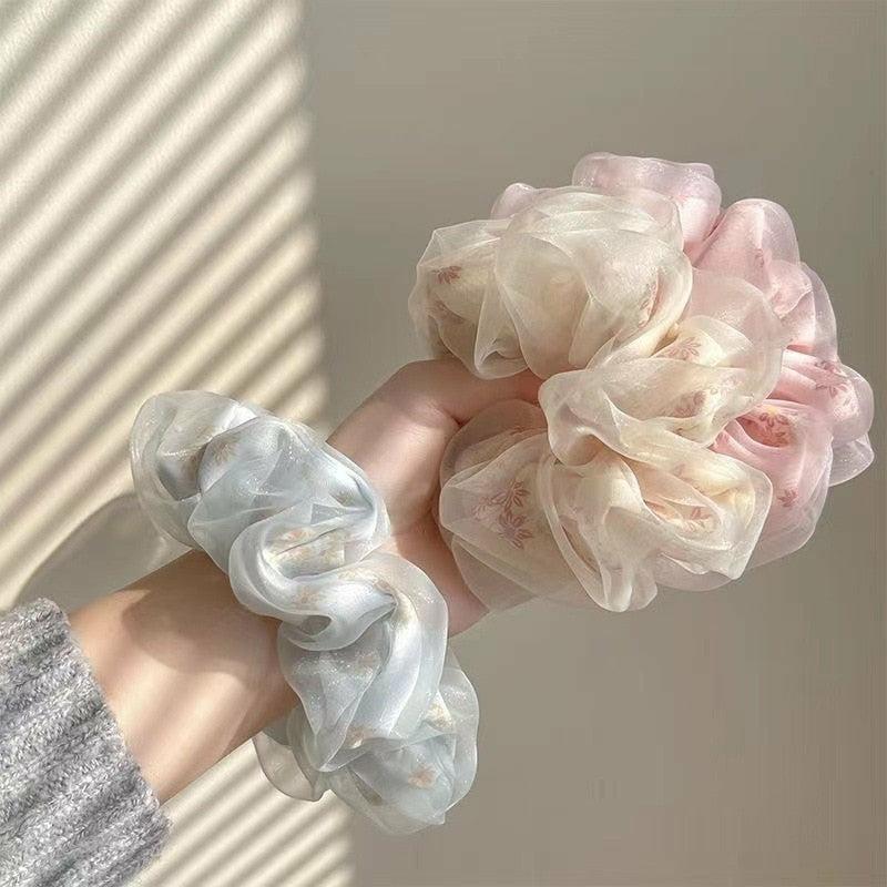 Fashion Flower Print Double Layer Silk Organza Hair Scrunchies  |  Hair Accessories Accessories Hair Accessories