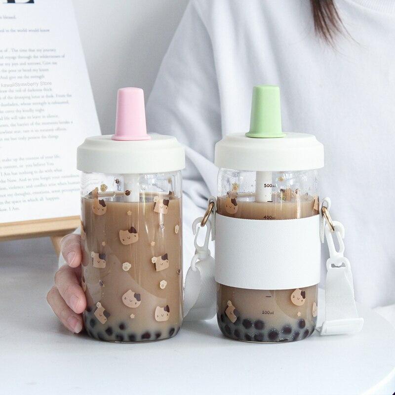 Kawaii Cat Boba Glass Water Bottle With Straw  |  Bottles Accessories Bottles