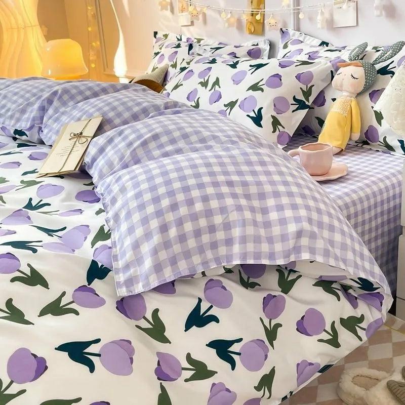 Plaid Lavender Korean Ins Duvet Cover Set  |  Bedroom Decor Bedroom Decor Bedroom Decor