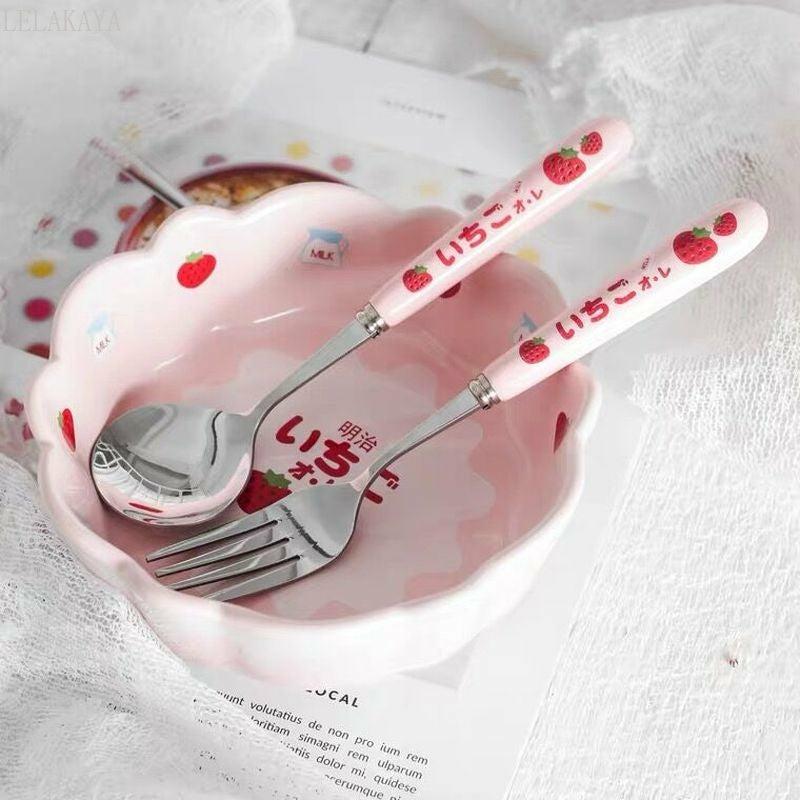 Strawberry Milk Ceramic Breakfast Bowl / Cutlery  |  Kitchen & Bento Home Decor Kitchen & Bento