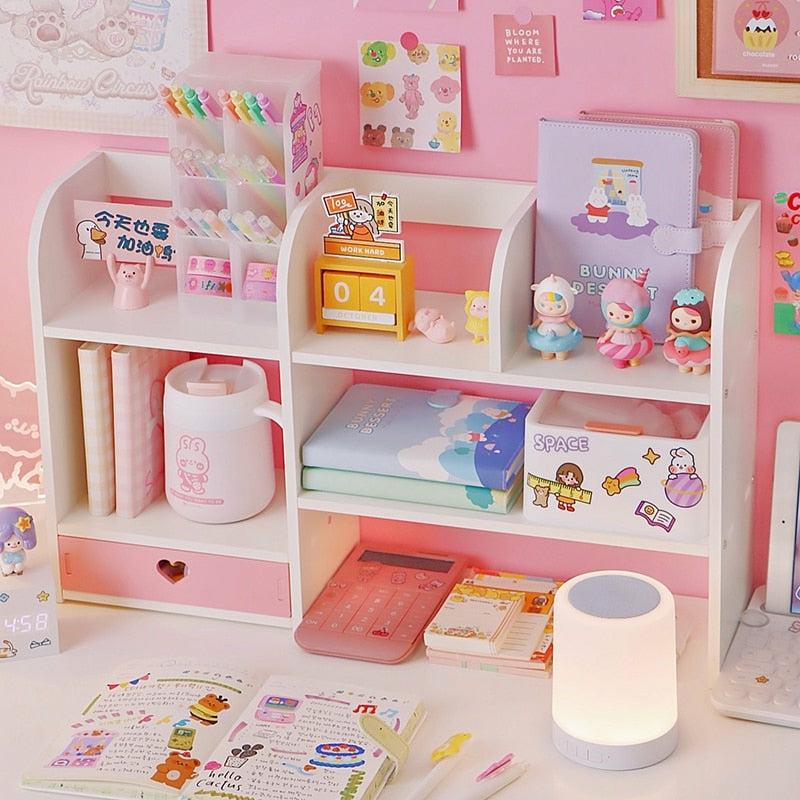 Kawaii Heart Pink Desk Bookshelf Storage Organizer  |  Desk Accessories Desk Accessories Desk Accessories